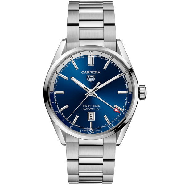 Tag Heuer Carrera Twin Time Blue Dial Silver Steel Strap Watch for Men - WBN201A.BA0640 Buy Now By Tag Heuer