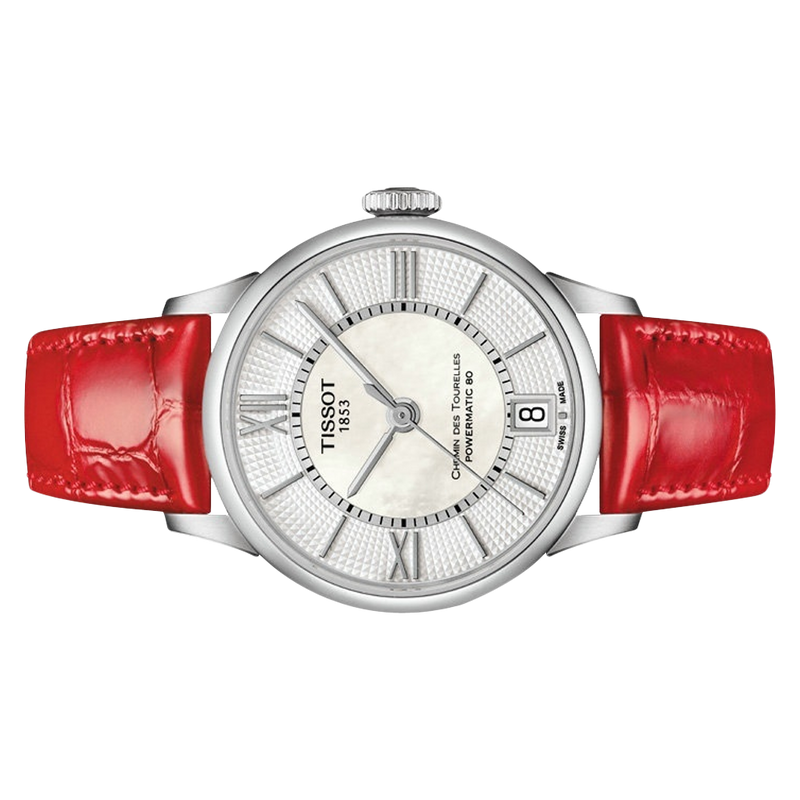 Tissot Chemin Des Tourelles Powermatic 80 Mother of Pearl White Dial Red Leather Strap Watch For Women - T099.207.16.118.00 Buy Now By Tissot