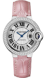 Shop Cartier Ballon Bleu De Cartier Diamonds Silver Dial Pink Leather Strap Watch for Women - WE902037 in USA