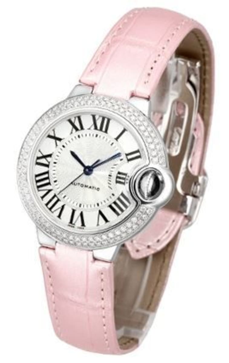 Shop Cartier Ballon Bleu De Cartier Diamonds Silver Dial Pink Leather Strap Watch for Women - WE902037 in USA