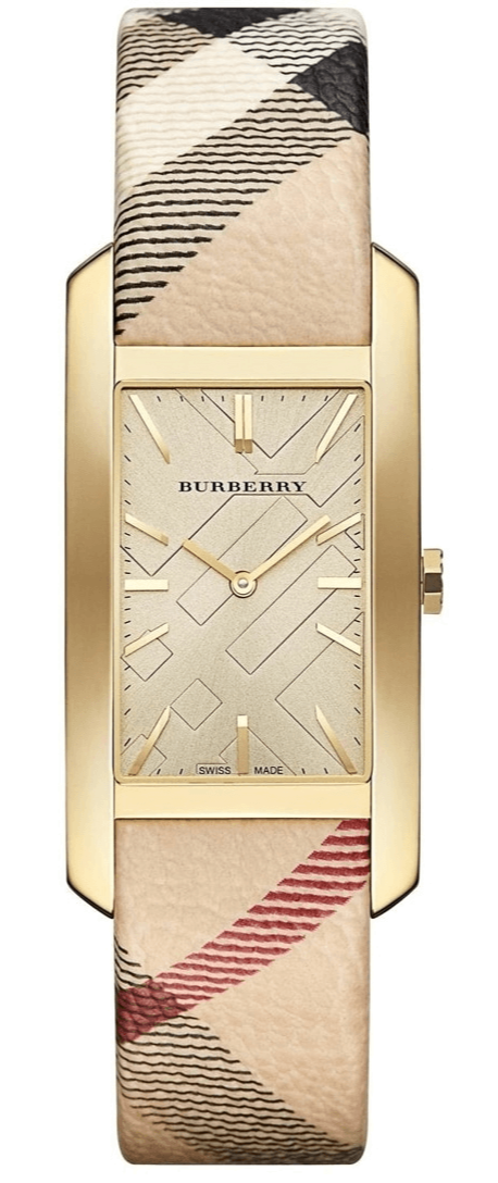 Shop Burberry Pioneer Gold Dial Haymarket Beige Leather Strap Watch for Women - BU9509 in USA