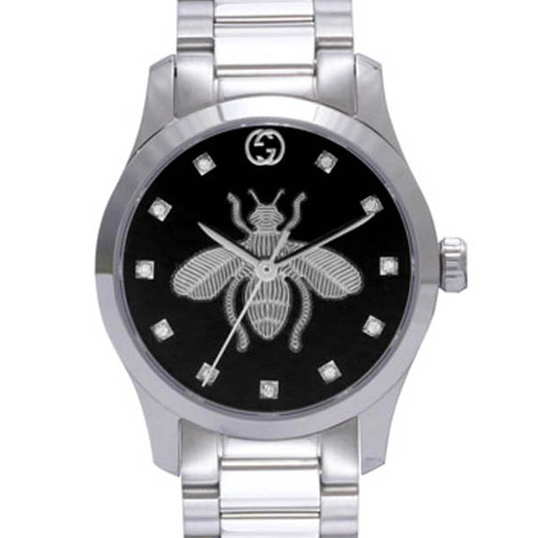 Shop Gucci G Timeless Quartz Diamonds Black Dial Silver Steel Strap Watch For Women - YA1265024 in USA