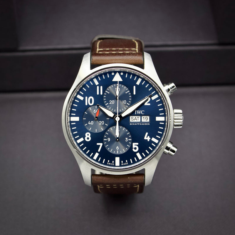 Shop IWC Pilot’s Watch Chronograph Edition “Le Petit Prince” Blue Dial Brown Leather Strap Watch for Men - IW377714 in USA