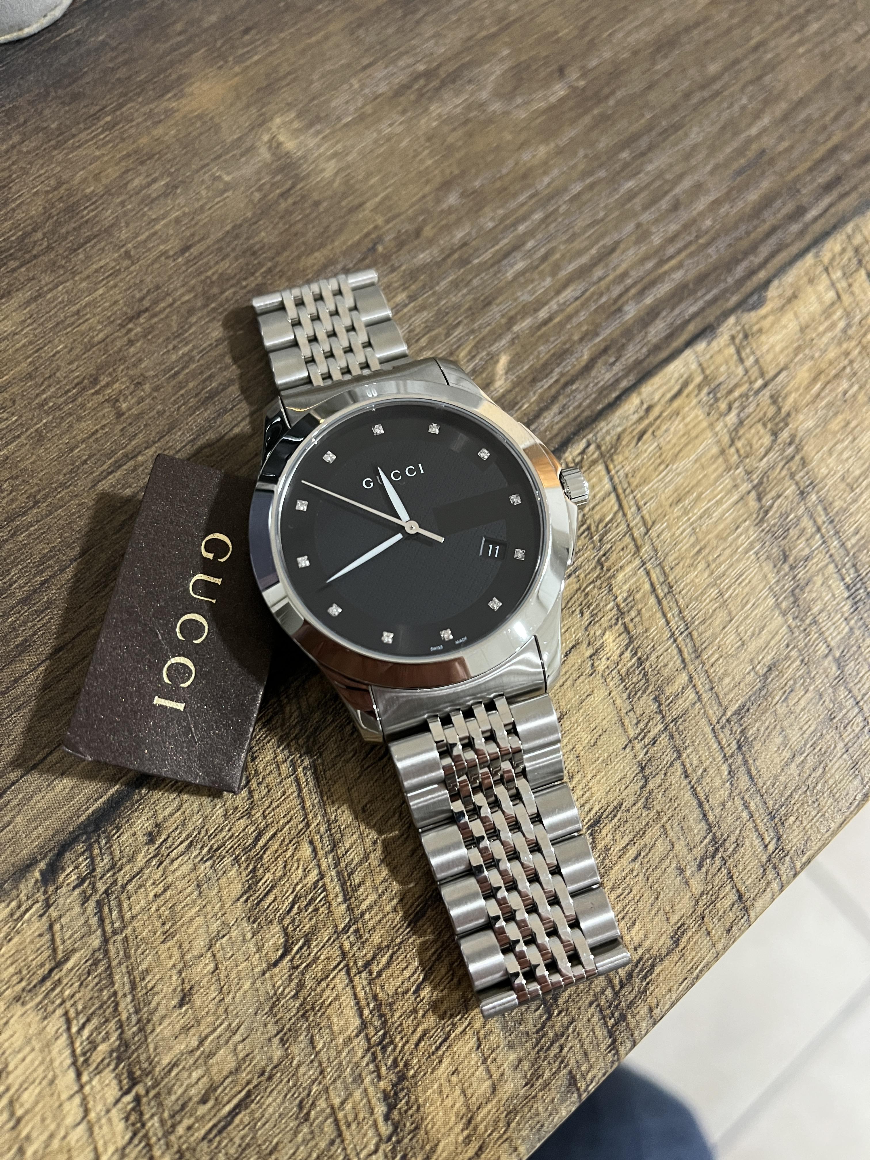 Gucci G Timeless Diamonds Black Dial Silver Steel Strap Watch For Men - YA126405