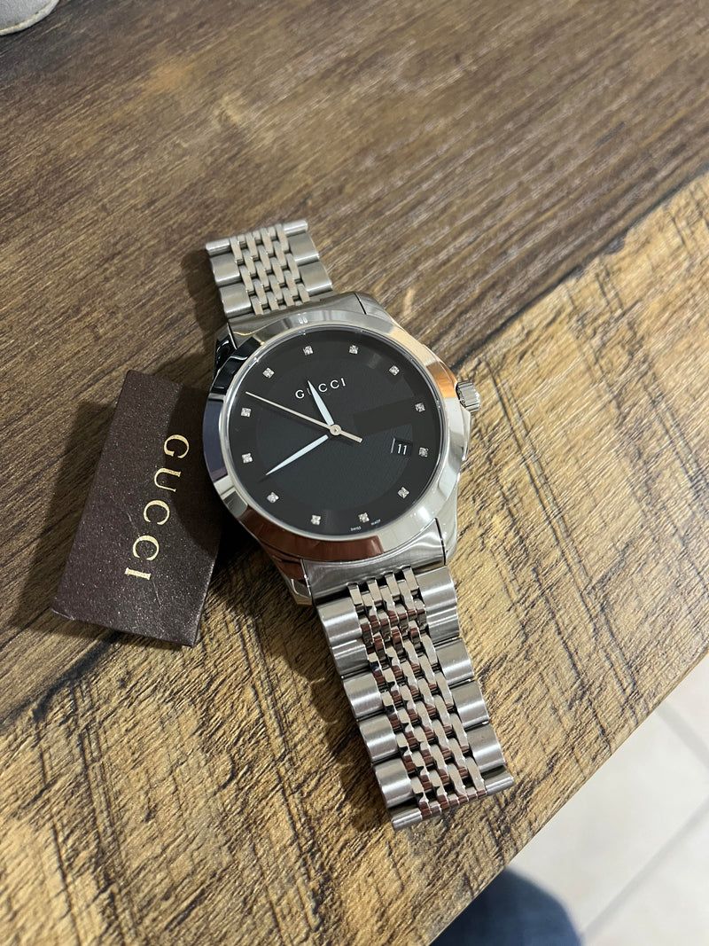 Shop Gucci G Timeless Diamonds Black Dial Silver Steel Strap Watch For Men - YA126405 in USA