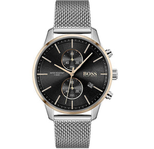 Hugo Boss Associate Chronograph Black Dial Silver Mesh Bracelet Watch for Men - 1513805