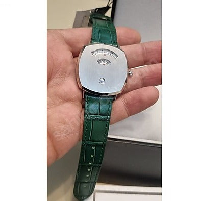 Shop Gucci Grip Quartz Silver Dial Green Leather Strap Watch For Women - YA157414 in USA