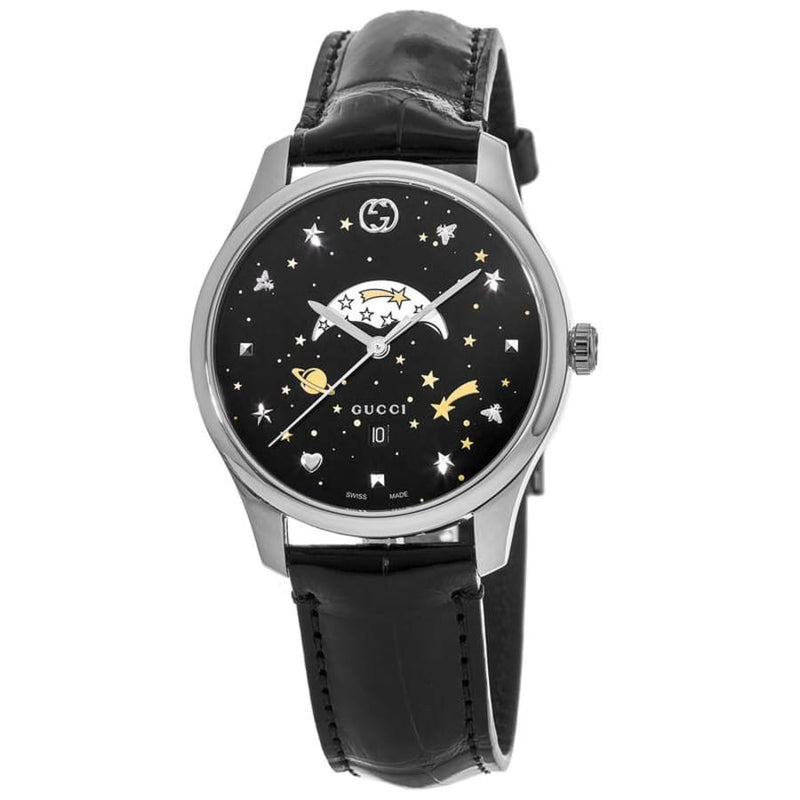 Shop Gucci G-Timeless Moonphase Black Dial Black Leather Strap Watch For Men - YA126327 in USA