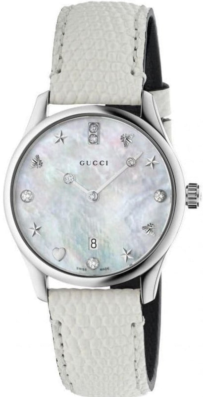 Gucci G-Timeless Mother of Pearl White Dial White Leather Strap Watch For Women - YA126597