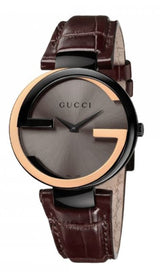 Gucci Interlocking G 18K Gold Black Dial Brown Leather Strap Watch For Women - YA133304 Buy Now By Gucci