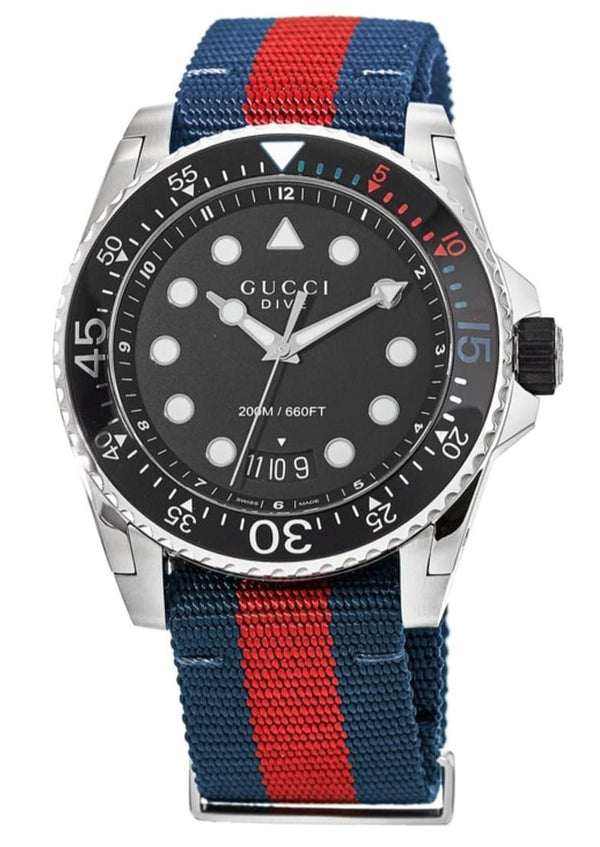 Shop Gucci Dive Black Dial Red & Blue Nylon Strap Watch For Men - YA136210 in USA