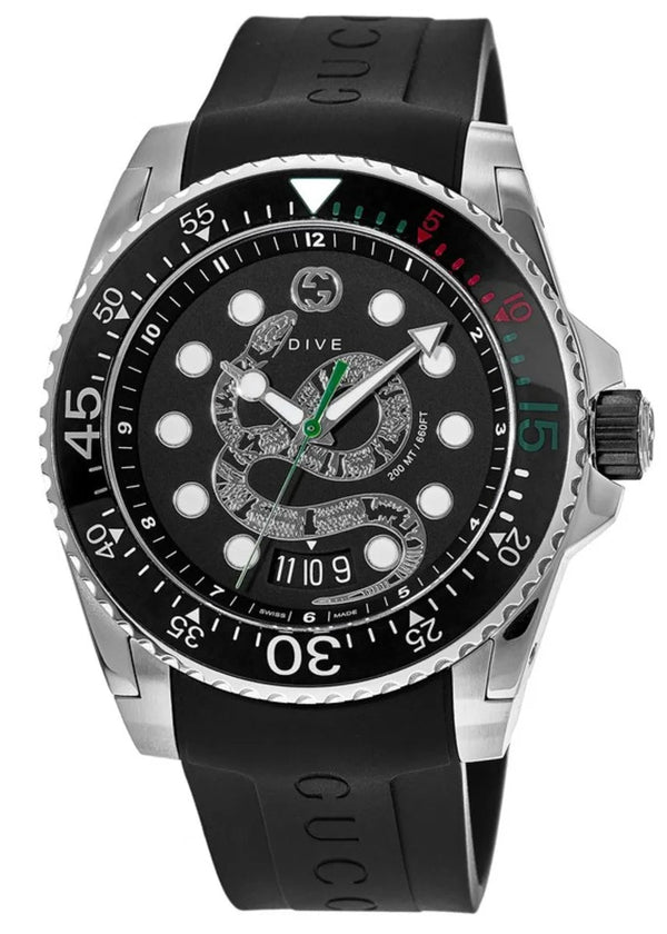 Shop Gucci Dive Quartz Kingsnake Black Dial Black Rubber Strap Watch For Men - YA136217 in USA