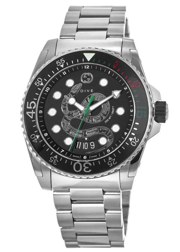 Shop Gucci Dive Snake Black Dial Silver Steel Strap Watch For Men - YA136218 in USA