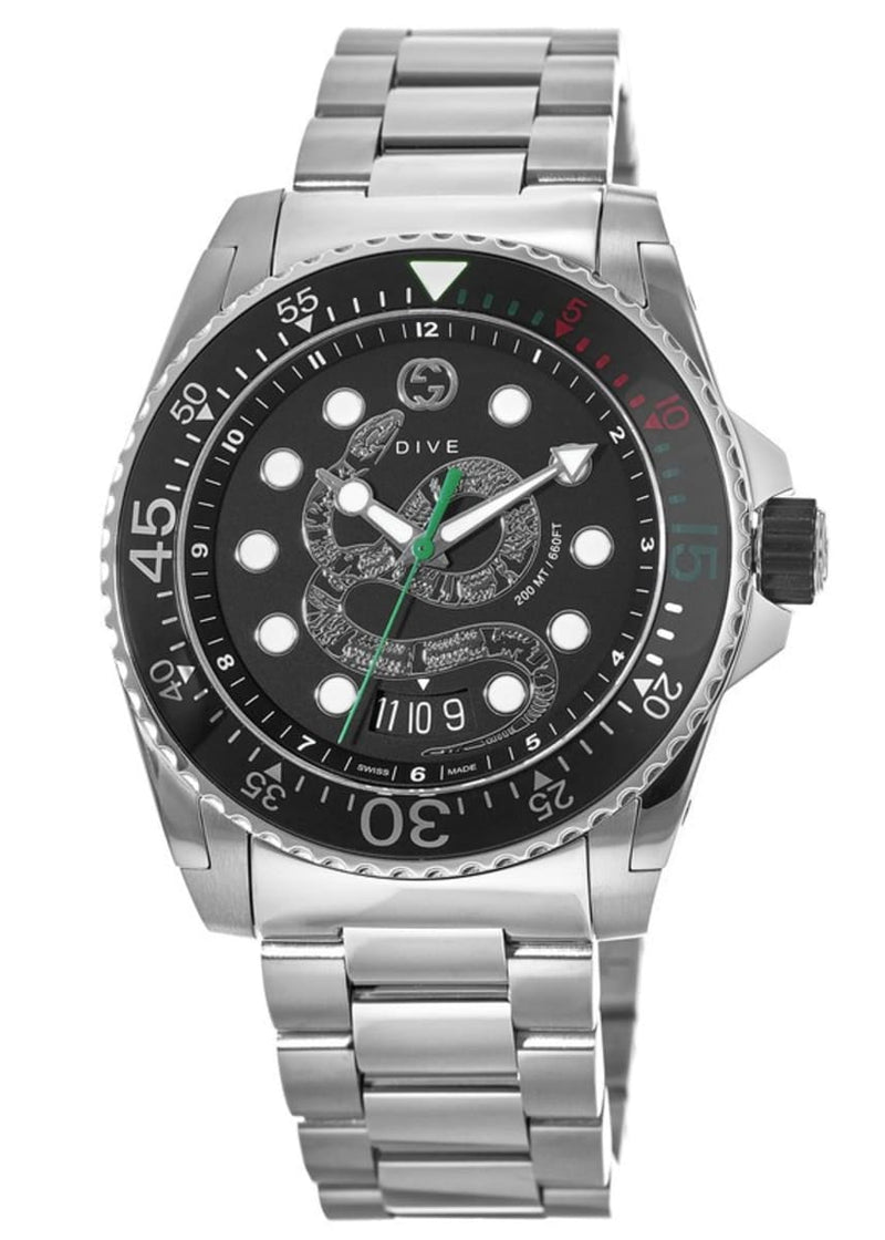 Shop Gucci Dive Snake Black Dial Silver Steel Strap Watch For Men - YA136218 in USA