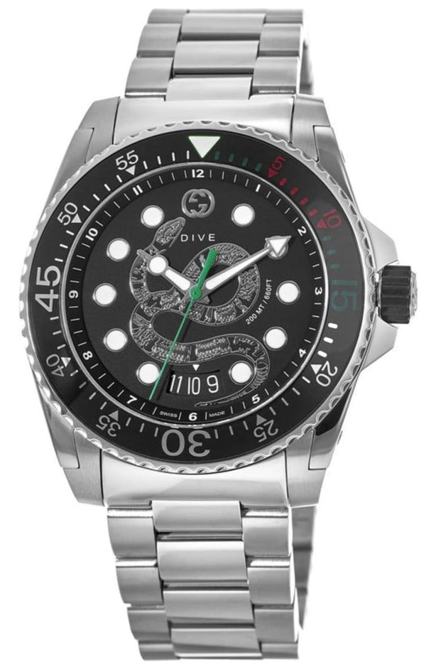 Shop Gucci Dive Snake Black Dial Silver Steel Strap Watch For Men - YA136218 in USA