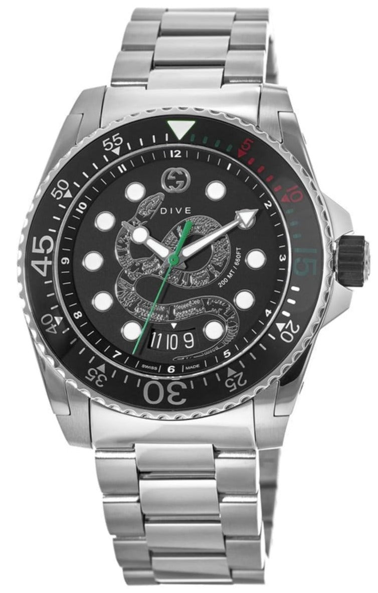 Shop Gucci Dive Snake Black Dial Silver Steel Strap Watch For Men - YA136218 in USA