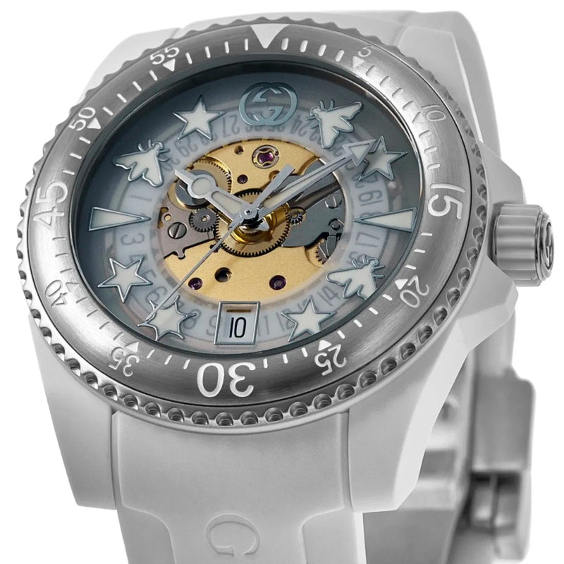 Shop Gucci Dive Automatic Transparent Dial White Rubber Strap Watch For Men - YA136343 in USA