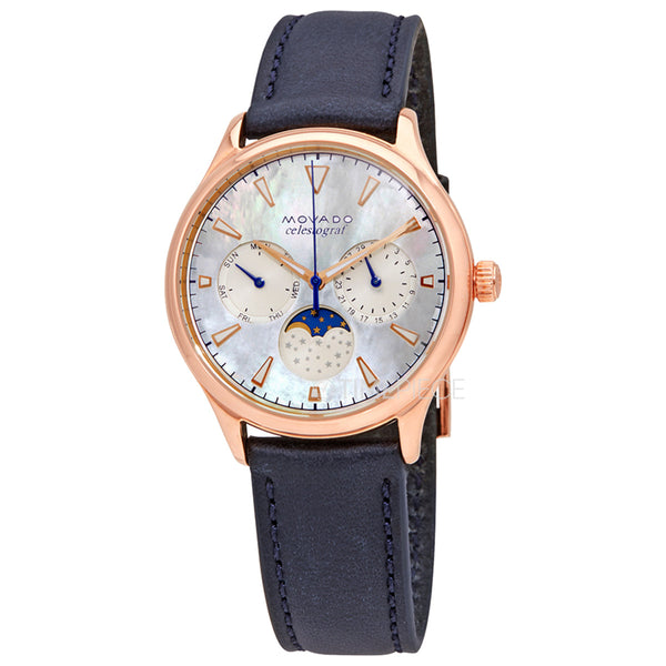 Movado Heritage Celestograf White Mother of Pearl Dial Blue Leather Strap Watch For Women - 3650011 Buy Now By Movado
