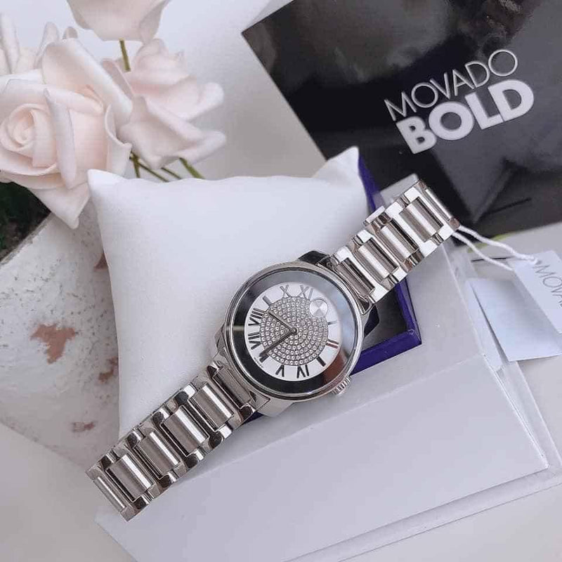 Movado Bold Crystal Pave Silver Dial Silver Steel Strap Watch for Women - 3600254 Buy Now By Movado