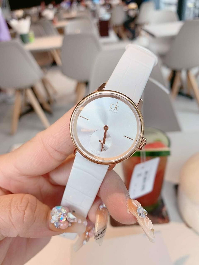 Calvin Klein Accent Silver Dial White Leather Strap Watch for Women - K2Y216K6 Buy Now By Calvin Klein