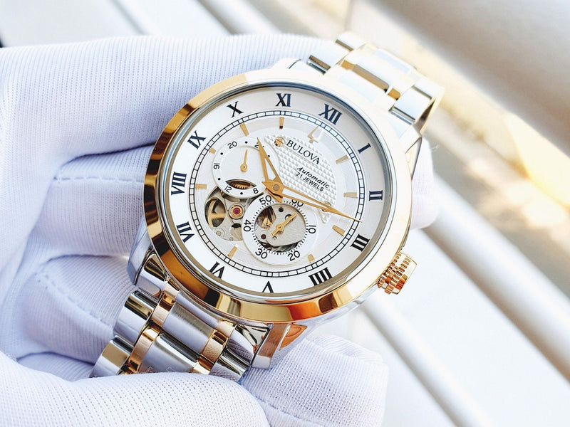 Bulova BVA Skeleton Silver Dial Two Tone Steel Strap Watch for Men - 98A230 Buy Now By Bulova