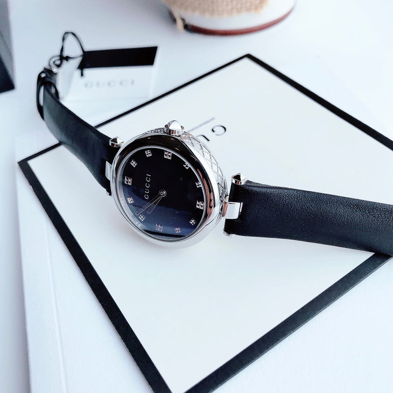 Shop Gucci Diamantissima Diamonds Black Dial Black Leather Strap Watch For Women - YA141403 in USA