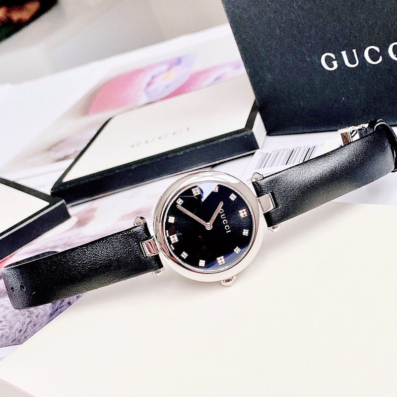 Shop Gucci Diamantissima Diamonds Black Dial Black Leather Strap Watch For Women - YA141403 in USA