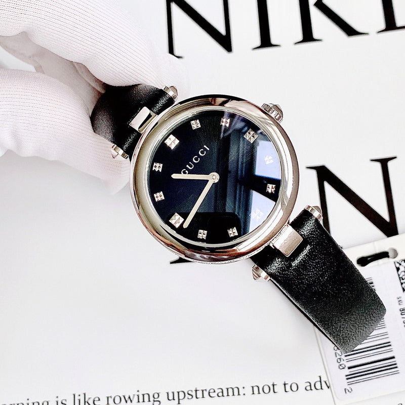 Shop Gucci Diamantissima Diamonds Black Dial Black Leather Strap Watch For Women - YA141403 in USA