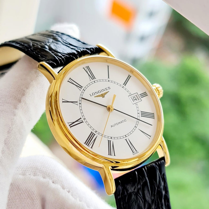 Shop Longines Presence 25.5mm Automatic White Dial Black Leather Strap Watch for Women - L4.921.2.11.2 in USA