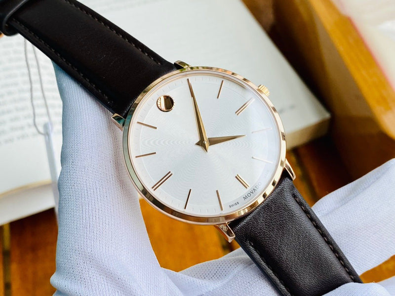Movado Ultra Slim White Dial Brown Leather Strap Watch For Men - 0607089 Buy Now By Movado