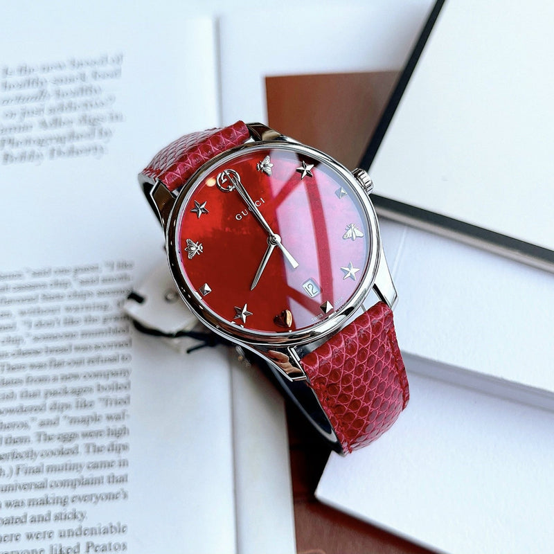 Gucci G-Timeless Mother of Pearl Red Dial Red Leather Strap Watch For Women - YA1264041 Buy Now By Gucci
