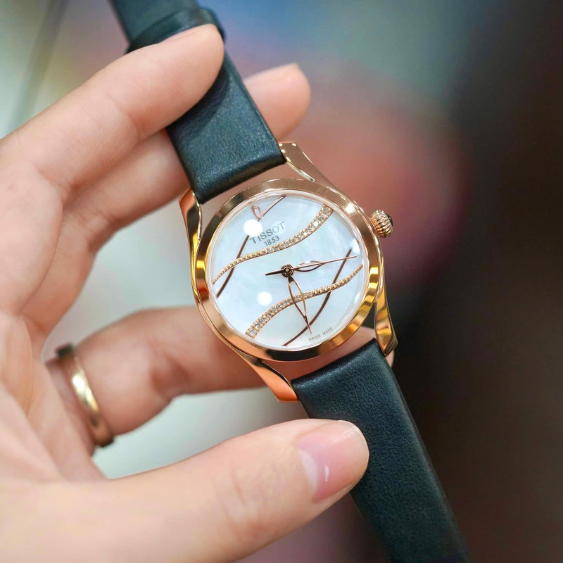 Tissot T Wave Diamond Mother of Pearl Dial Black Leather Strap Watch For Women - T112.210.36.111.00 Buy Now By Tissot