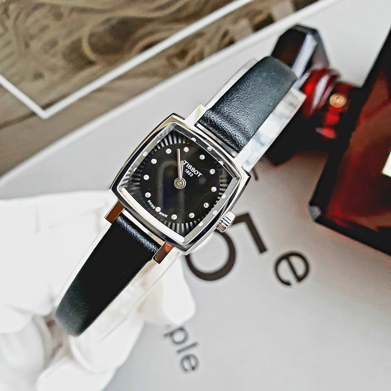 Shop Tissot Lovely Square Quartz Diamonds Black Dial Black Leather Strap Watch For Women - T058.109.16.056.00 in USA