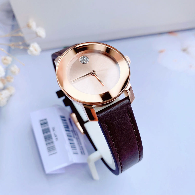 Shop Movado Bold Rose Gold Dial Brown Leather Strap Watch For Women - 3600438 in USA