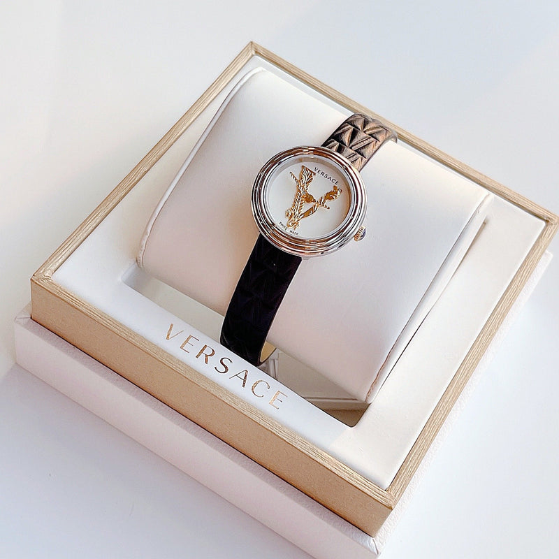 Versace Virtus Quartz White Dial Black Leather Strap Watch For Women - VET300421 Buy Now By Versace