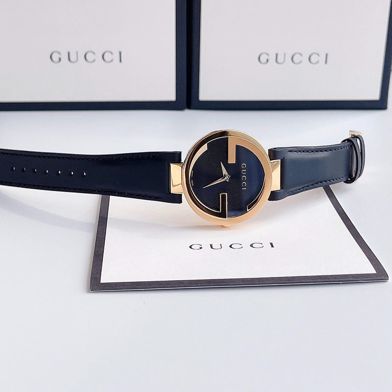 Gucci Interlocking G Gold Black Dial Black Leather Strap Unisex Watch - YA133326 Buy Now By Gucci