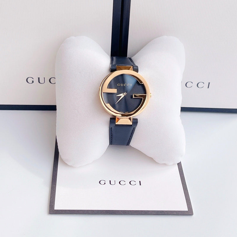 Gucci Interlocking G Gold Black Dial Black Leather Strap Unisex Watch - YA133326 Buy Now By Gucci