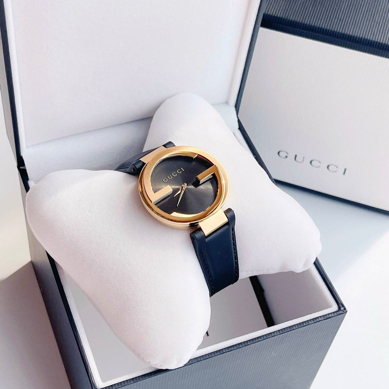 Gucci Interlocking G Gold Black Dial Black Leather Strap Unisex Watch - YA133326 Buy Now By Gucci