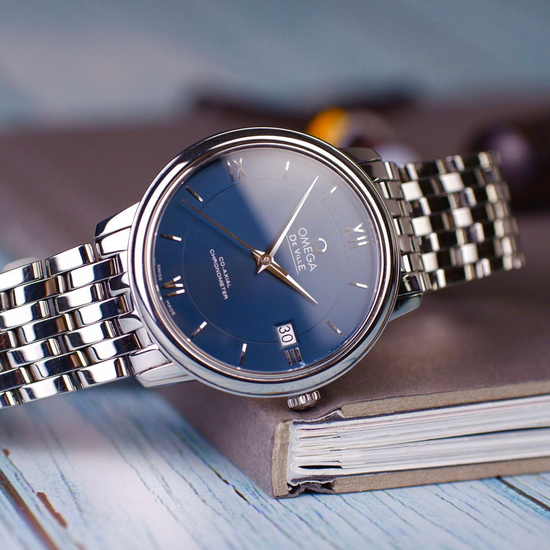 Shop Omega De Ville Prestige Co-Axial Orbis Blue Dial Silver Steel Strap Watch for Men - 424.10.40.20.03.001 in USA