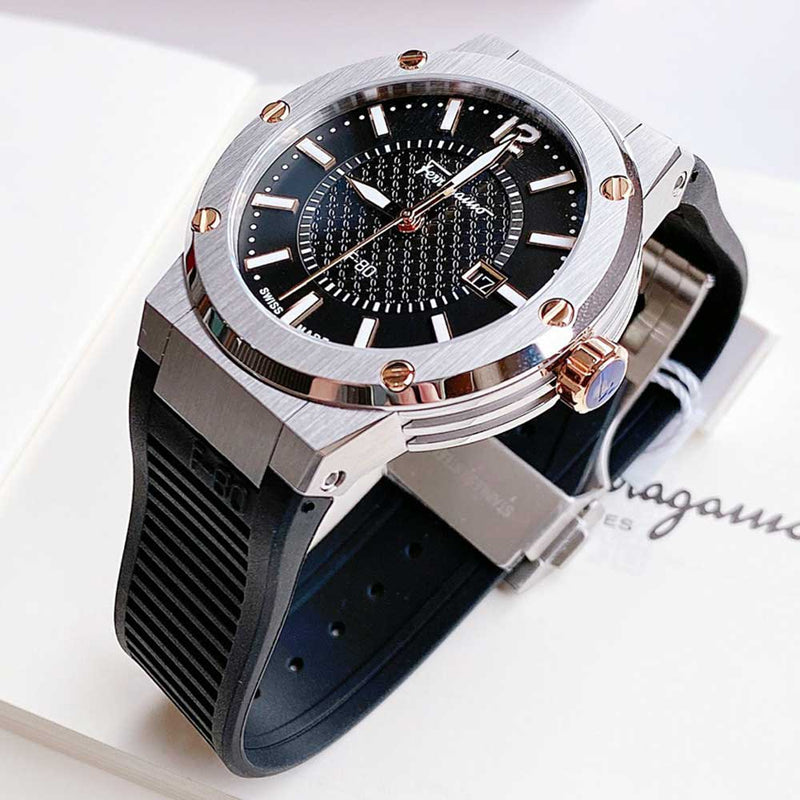 Salvatore Ferragamo F-80 Black Dial Black Rubber Strap Watch For Men - SFHY00120 Buy Now By Salvatore Ferragamo