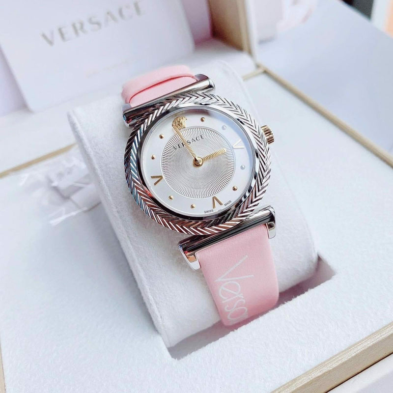 Versace V-Motif Silver Dial Pink Leather Strap Watch for Women - VERE00118 Buy Now By Versace