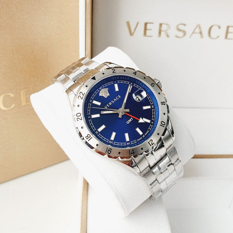 Versace Hellenyium GMT Blue Dial Silver Steel Strap Watch for Men - V11010015 Buy Now By Versace