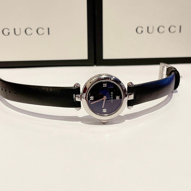 Shop Gucci Diamantissima Quartz Diamonds Black Dial Black Leather Strap Watch for Women - YA141506 in USA
