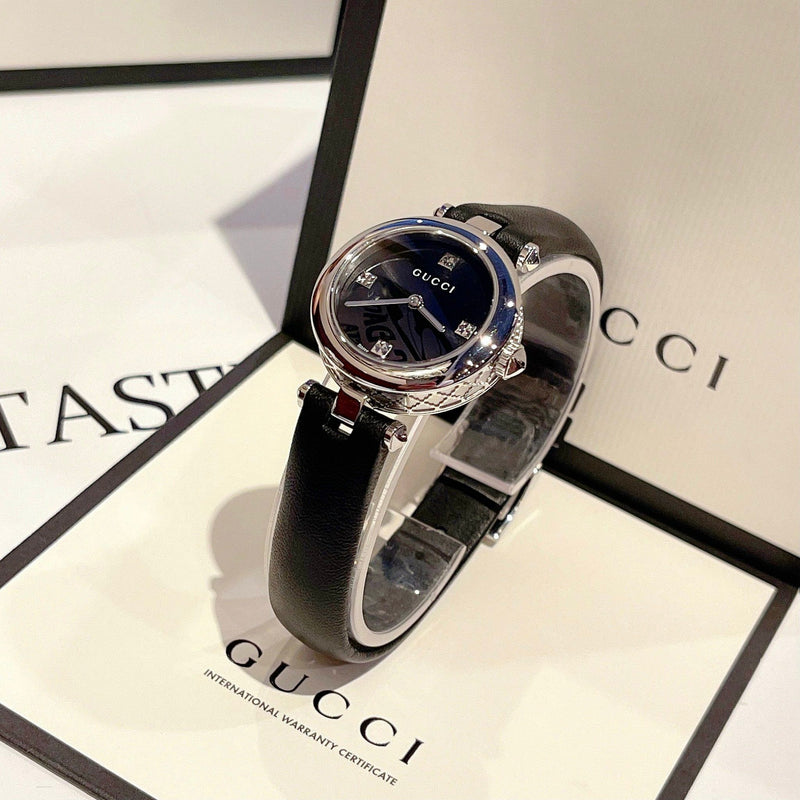 Shop Gucci Diamantissima Quartz Diamonds Black Dial Black Leather Strap Watch for Women - YA141506 in USA