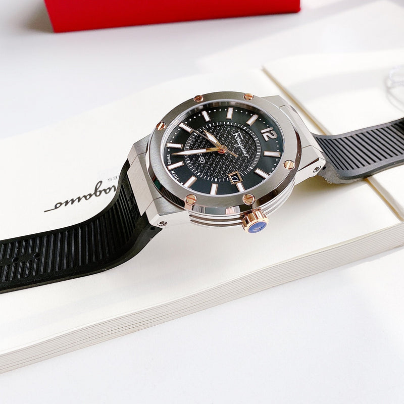 Salvatore Ferragamo F-80 Black Dial Black Rubber Strap Watch For Men - SFHY00120 Buy Now By Salvatore Ferragamo