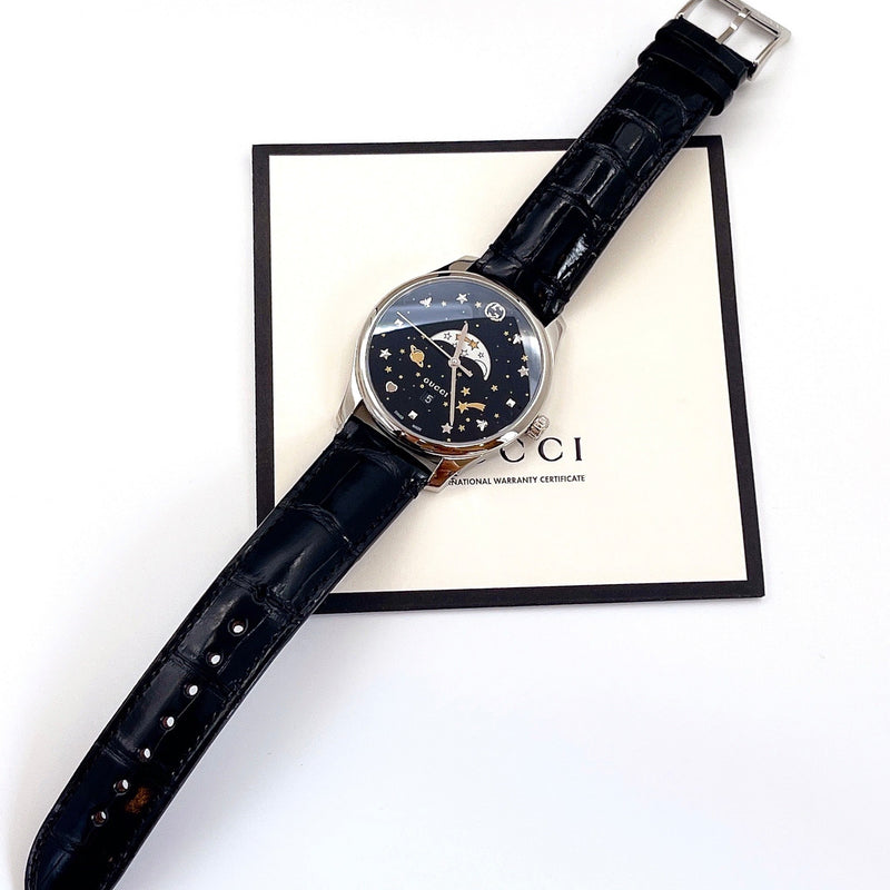 Shop Gucci G-Timeless Moonphase Black Dial Black Leather Strap Watch For Men - YA126327 in USA