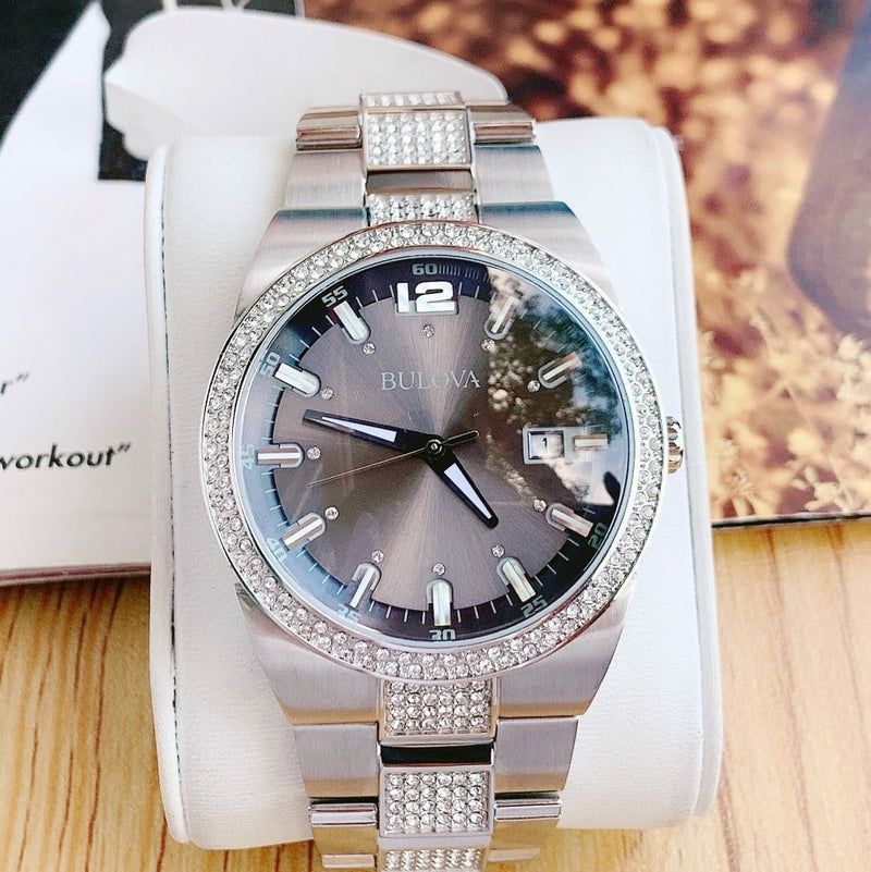 Shop Bulova Crystal Collection Brown Dial Silver Steel Strap Watch for Men - 96B221 in USA