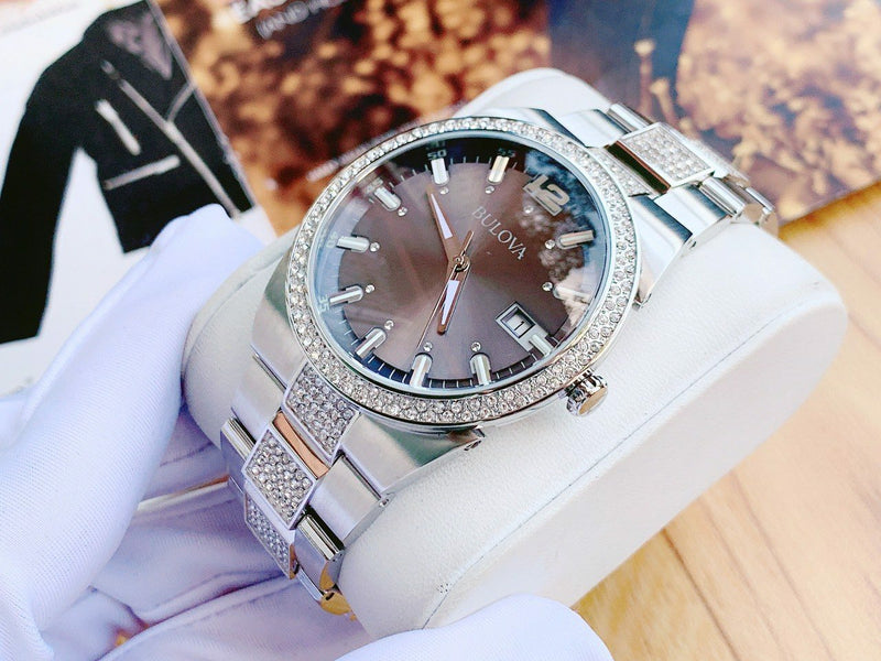 Shop Bulova Crystal Collection Brown Dial Silver Steel Strap Watch for Men - 96B221 in USA