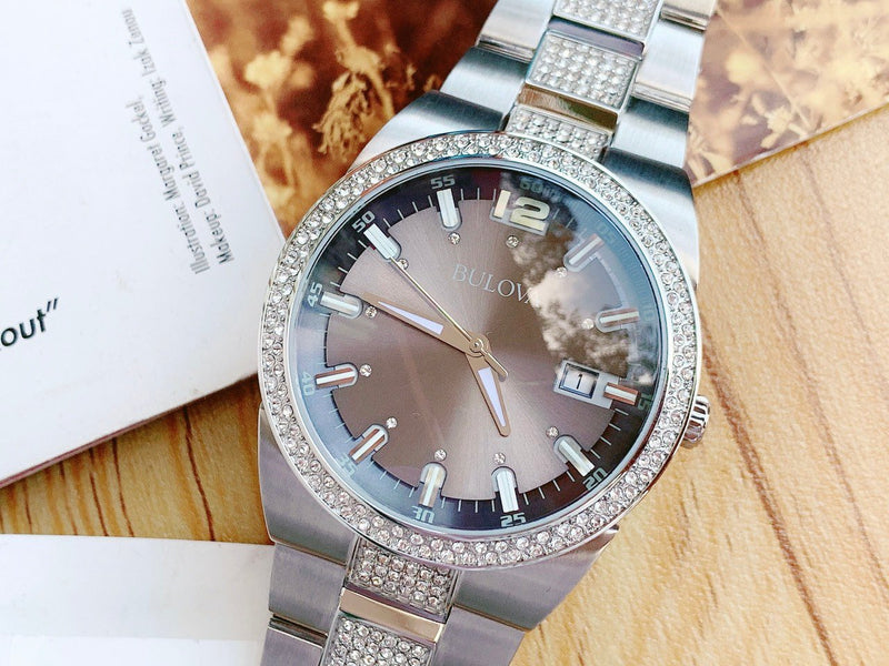 Shop Bulova Crystal Collection Brown Dial Silver Steel Strap Watch for Men - 96B221 in USA