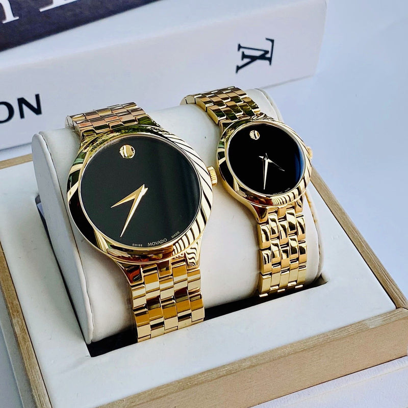 Shop Movado Veturi Black Dial Gold Steel Strap Watch for Women - 0606935 in USA